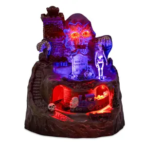 Animated Halloween Village Castle Scene, LED Lighted Spooky Skeleton Graveyard, Haunted Train, Reaper, Tombstone, Tabletop Decoration for Holiday Display, Home Decor Ornaments