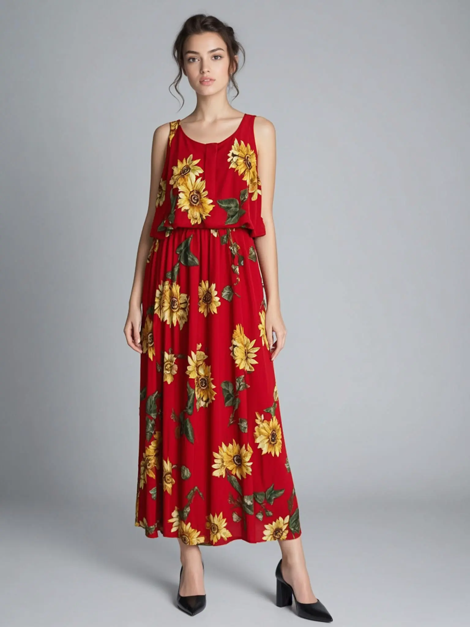 JD737-6 Lady's Sunflower Dress - Unique Floral Motif Design for Ladies - Simple & Distinctive Casual Womenswear - Fresh & Vibrant Look for Summer - Sleeveless Model 737-6
