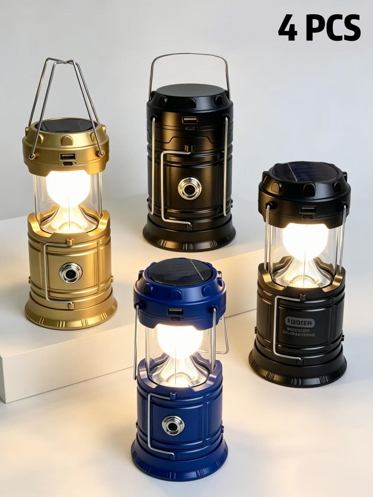 4-Piece Collapsible Portable LED Rechargeable Lanterns - Lightweight Waterproof Mini Solar Recharge Wireless Flashlight, Solar & USB Charging for Indoor/Outdoor Emergency Use, Mini Solar Lanterns sohochic