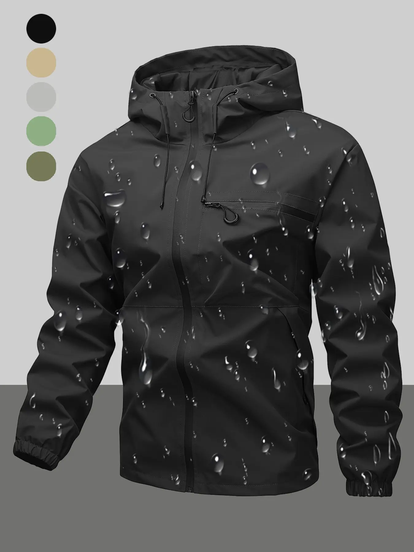 Men's Waterproof Windproof Rainproof Drawstring Hooded Jacket Rain Coat with Zipper Pocket Design, Casual Long Sleeve Outdoor Outerwear for All Seasons