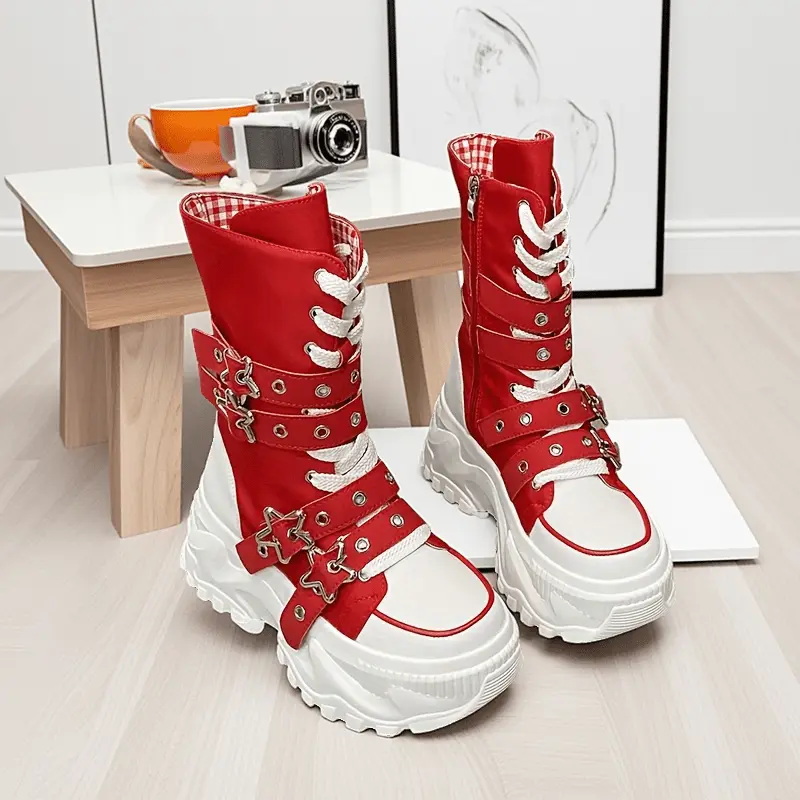 Women's Solid-Color Closed Platform High-Top Mid-Calf Casual Boots - Cuban Footwear with Detailed Fabric Design, Versatile for 2 Fashion Styles, Women's Shoes for Walking