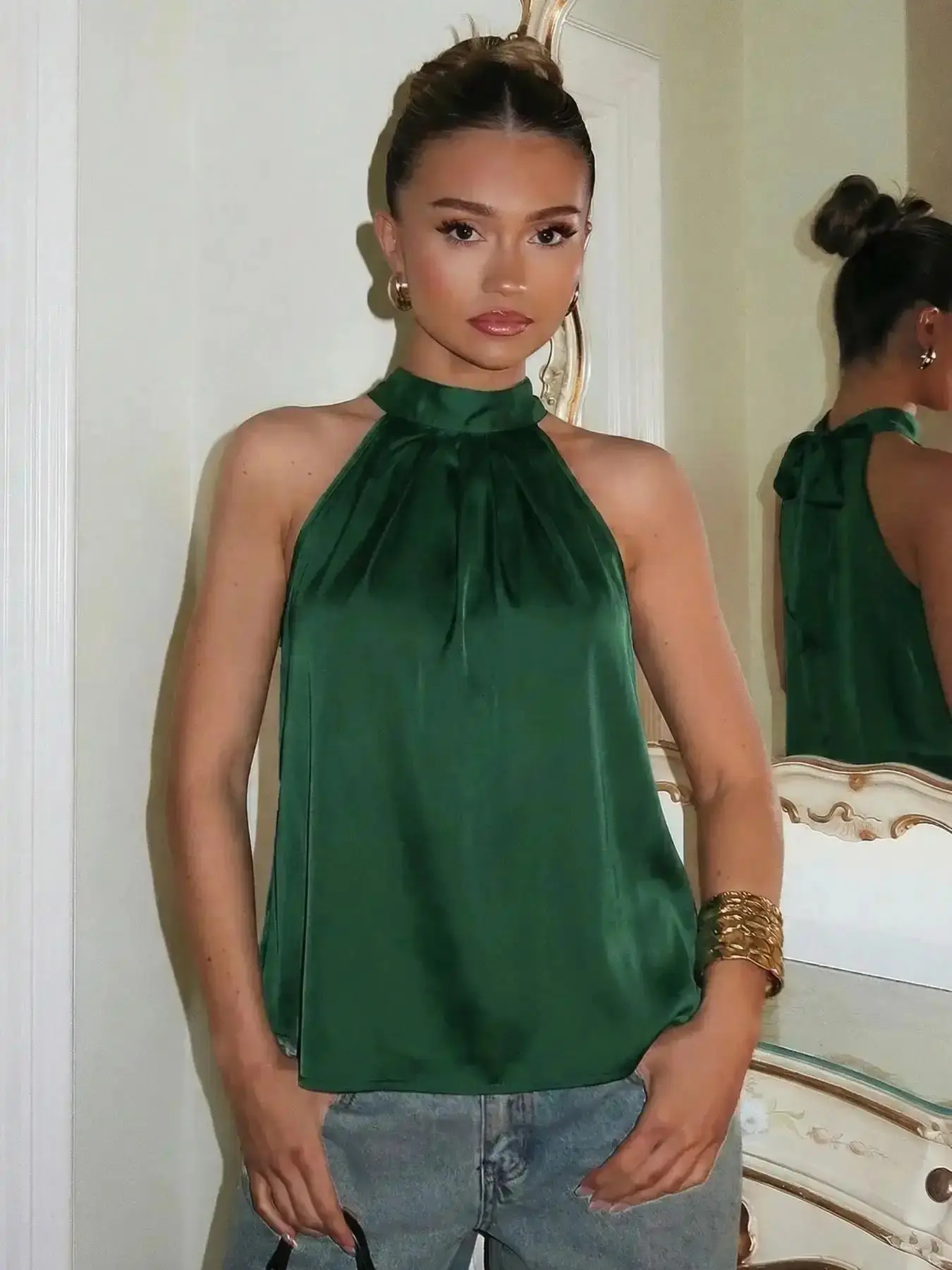 Women's Sexy Backless Sleeveless Loose Top Tie-Back Satin Smooth Texture Comfortable Fabric All Seasons Versatile Casual Style Halter Neck wardrobe essential everyday top easy care classic staple versatile piece
