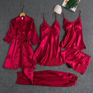 Women's Summer Ice Silk Sexy Homewear Spring and Long Sleeve Thin Plus Size Five-Piece Set Bathrobe Seductive Ice Silk Five-Piece Pajama Suit ? Womenswear Pjs
