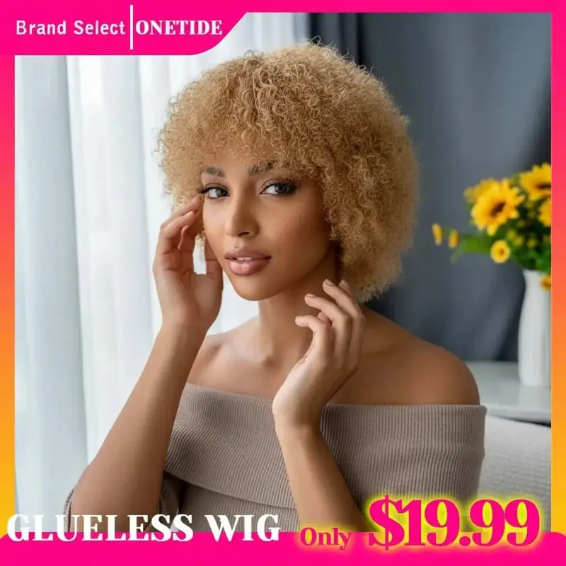 Glueless Wigs Human Hair Short Afro Kinky Curly Blonde Wigs For Women Human Hair Put on & go Soft and Fluffy Glueless Wigs 70s 80s Hair Kinky Curly Wig Cosplay or Daily Use Wigs 180% Density Pixie Curl Work Wig Onetide Hair