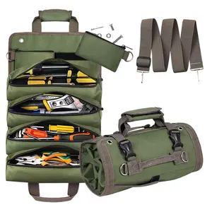 Heavy Duty Tool Roll Pouch for Electrician 600D Oxford Fabric Canvas Organizer with Zipper Car Mechanic Storage Bag Garage Shelf Hanging Nail Pouch Wrench Pockets