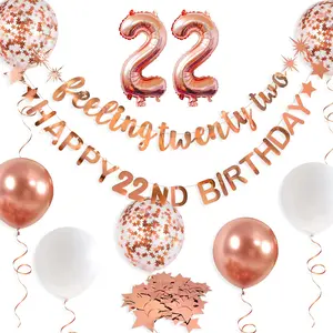 Rose Gold 22nd Birthday Banner, Garland, Foil Balloon, Decorations, Hanging, Cheers to 22 Years Old Party Supplies Backdrop