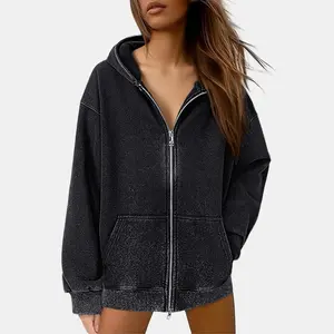 Women's Full Collared Oversized Hooded Sweatshirt With Color Fading Long-Sleeved Pullover. Women's Zipper Hooded Sports Shirt. A Simple And Minimalist Thick Top With Kangaroo Pockets Suitable For Casual Street Style And Autumn-Winter Outfits