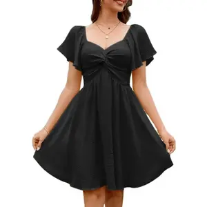 ZQ-Women's Summer Chiffon Dress: Sweetheart neckline, front tie, ruffled sleeves, A-line silhouette, back tie, flowing hem, comfortable and breathable, suitable for parties, vacations and everyday wear, fashionable and versatile, showcasing elegant temper
