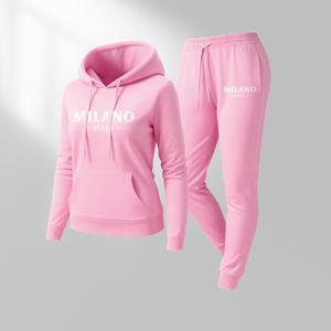 Women's MILANO City Print Hoodie And Drawstring Track Pants Set, Casual Sportswear, Long-Sleeved Hooded Jacket And Pants, Suitable For Autumn And Winter, Everyday Wear, Indoor And Outdoor Sportswear, Sportswear Set, Casual Sportswear.