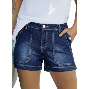 Women's High-Rise Fitted Slimming Crop Denim Bottoms Shorts, Stretchy Premium Denim Fabric, All-Season Casual Outfits, Multi-Size, Penny Patch Pocket, Belt Loops, Button Closure, Graphic Trendy Vibe