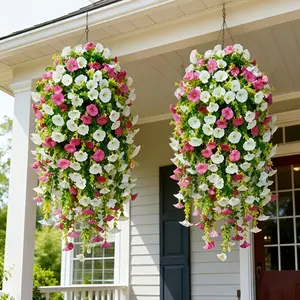 8 Pcs Large Artificial Red Lotus & White Morning Glory Hanging Vine, Realistic No-Maintenance Plastic Flower Garland, Weatherproof Faux Hanging Floral for Home Wedding Garden Patio Porch Eave Decor, Perfect for Valentine's Day Easter St Patrick's Eid Enga