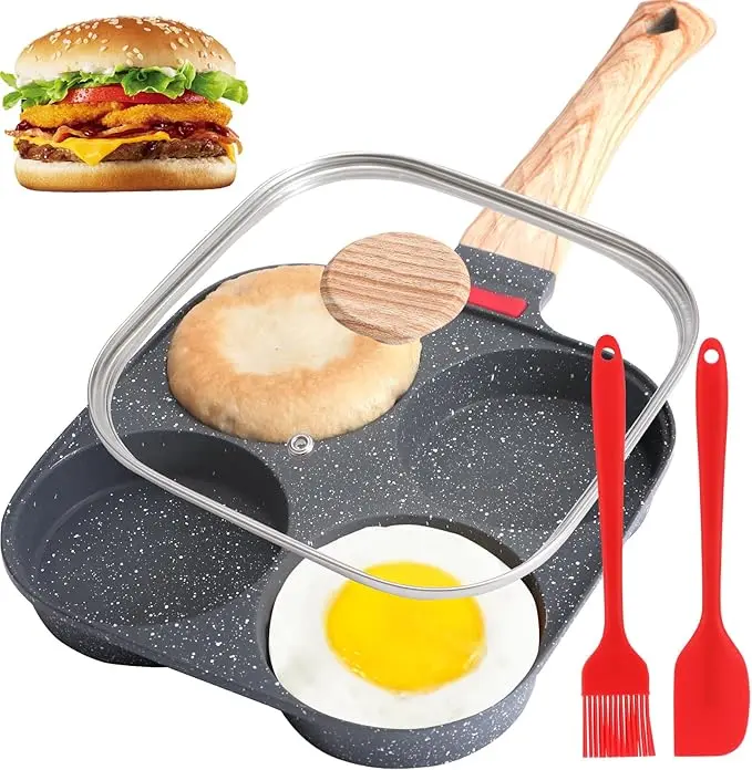 4-Cup Nonstick Egg Pan with Lid, Premium Egg Pans Nonstick, Omelette Pan with Lid & Spatulas , Healthy Egg Frying Pan for Breakfast, Egg Sandwich, Hamburger, Pancake, Egg Skillet Suitable for Gas Stove & Induction Cookware Aluminium