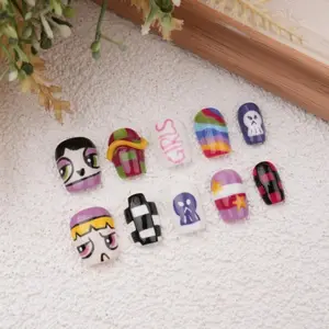 Handpainted Comics Press On Nails,Short Coffin,Checkerboard,Ghost,Star Manicure,Fall Nails,Birthday Gifts,Valentine's Day