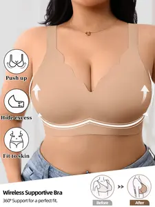 Women's Push-Up Bra, Seamless, Everyday, Medium Support, Plain Pattern, Casual Style, All Seasons, Regular Length, Comfortable Fit, Large Sizes Available