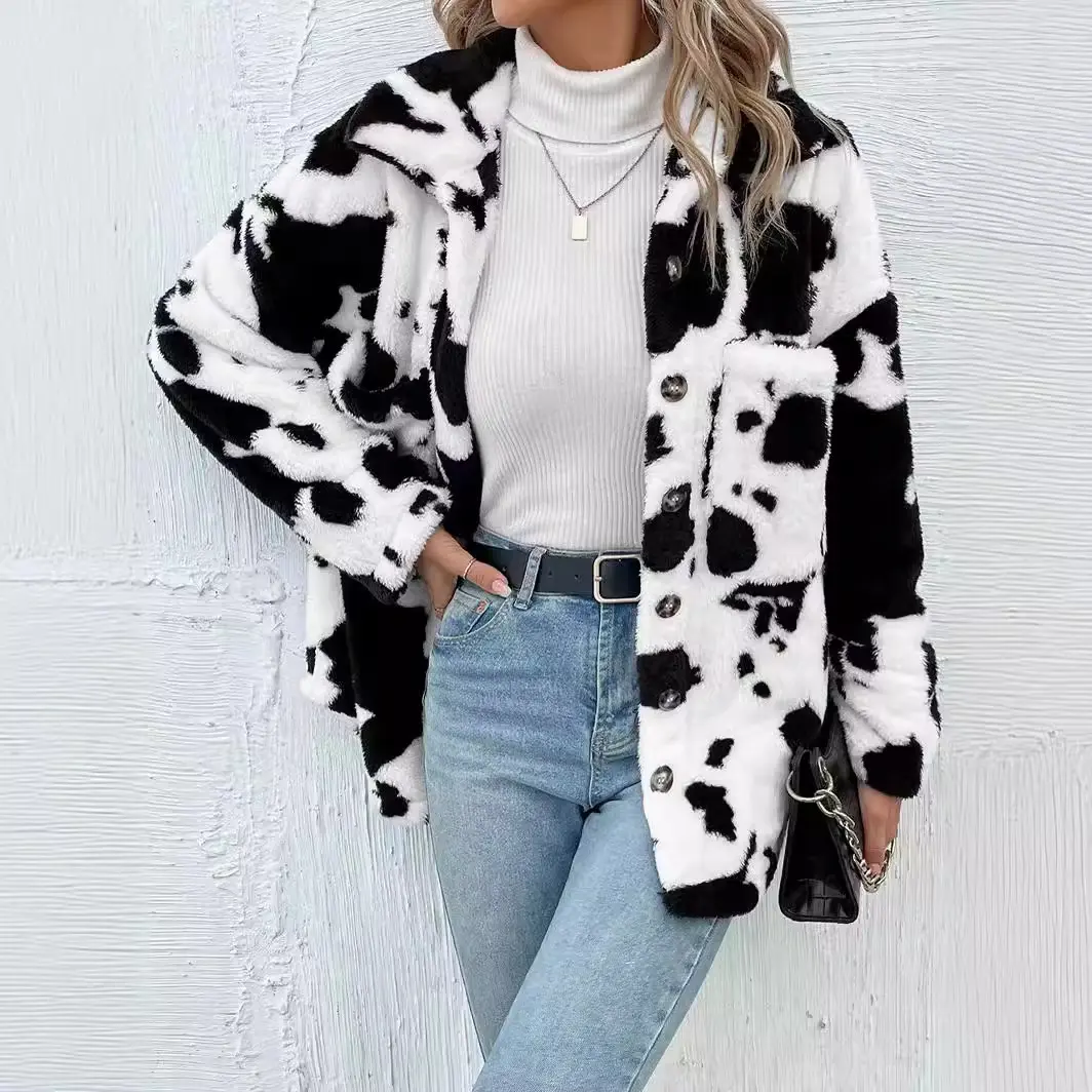 BIGWIG women's autumn and winter casual faux fur jacket, plush cow print fluffy wool coat, casual button front placket long sleeve coat, plush jacket with pockets, warm lambskin fluffy button jacket, thick plush teddy warm coat