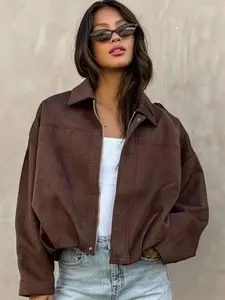 Women's Cropped Suede Casual Loose Fitting Jacket Demi-Season Bomber Jacket Female Outerwears Streetwear Long Sleeve Oversized Black Brown Green Red Jacket Woman Fashion Zip Up Short Coat Lady Womenswear