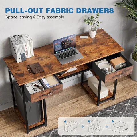 Sturdy Flat-Top Home Office Computer Desk - 47.24" Wide Rectangular Workstation with Storage Drawers, Fabric Side Bag, Earbud Hook, Stable Metal Frame, Adjustable Feet, Supply Shelf, Desk for Bedroom (Standard Unit, Requires Setup) Office Furniture