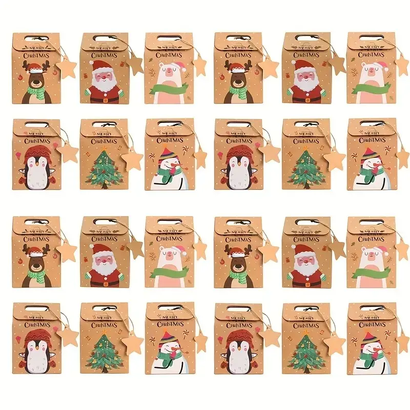 Merry Christmas Kraft Paper Gift Boxes, 12/24pcs Set with Santa & Tree Designs, DIY Tags Included, Ideal for Cookies, Chocolates, Party Favors
