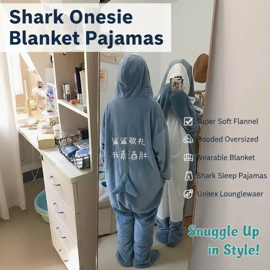 Cozy Shark Onesie Blanket Super Soft Flannel Hooded Oversized Wearable Blanket Shark Sleep Pajamas for Kids Adults Womenswear Loungewear Nightwear Basic Home Sleeping Bag