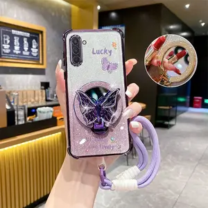 Note10 Fashion Series Advanced Braided Tape Strap Lanyard Phone Holder Case For Compatible With Samsung Galaxy Note 10 Transparent Glitter Shiny Cover and Shockproof Lucky Butterfly Sunflower Protector Cases Casing