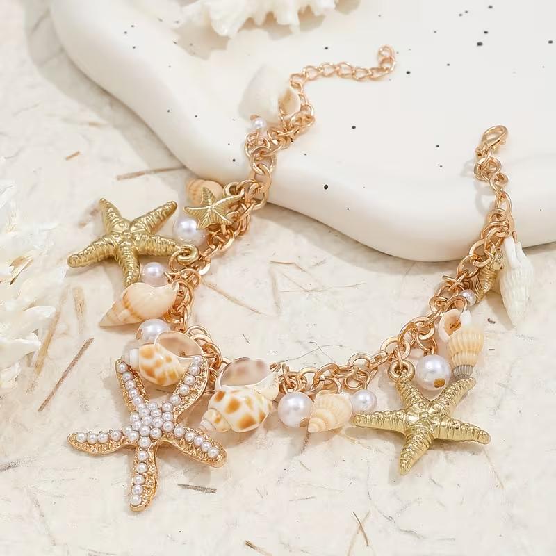 Boho Beach Shell Anklet for Women, Gold Tone Starfish Conch Charm Ankle Bracelet with Faux Pearl, Adjustable Summer Vacation Jewelry for Beach, Travel & Resort Outfits Boho Beach Shell Anklet for Women, Gold Tone Starfish Conch Charm Ankle Bracelet with Faux Pearl, Adjustable Summer Vacation Jewelry for Beach, Travel & Resort Outfits