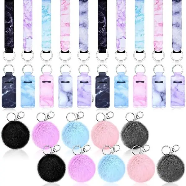 50 pieces of marble lipstick holder key chain lipstick holder set mouth red bag set, including 10 pieces of key chain, 10 pieces of wrist strap, 10 pieces of marble style lipstick bags, 10 pieces of fluff balls and 10 pieces of jump rings
