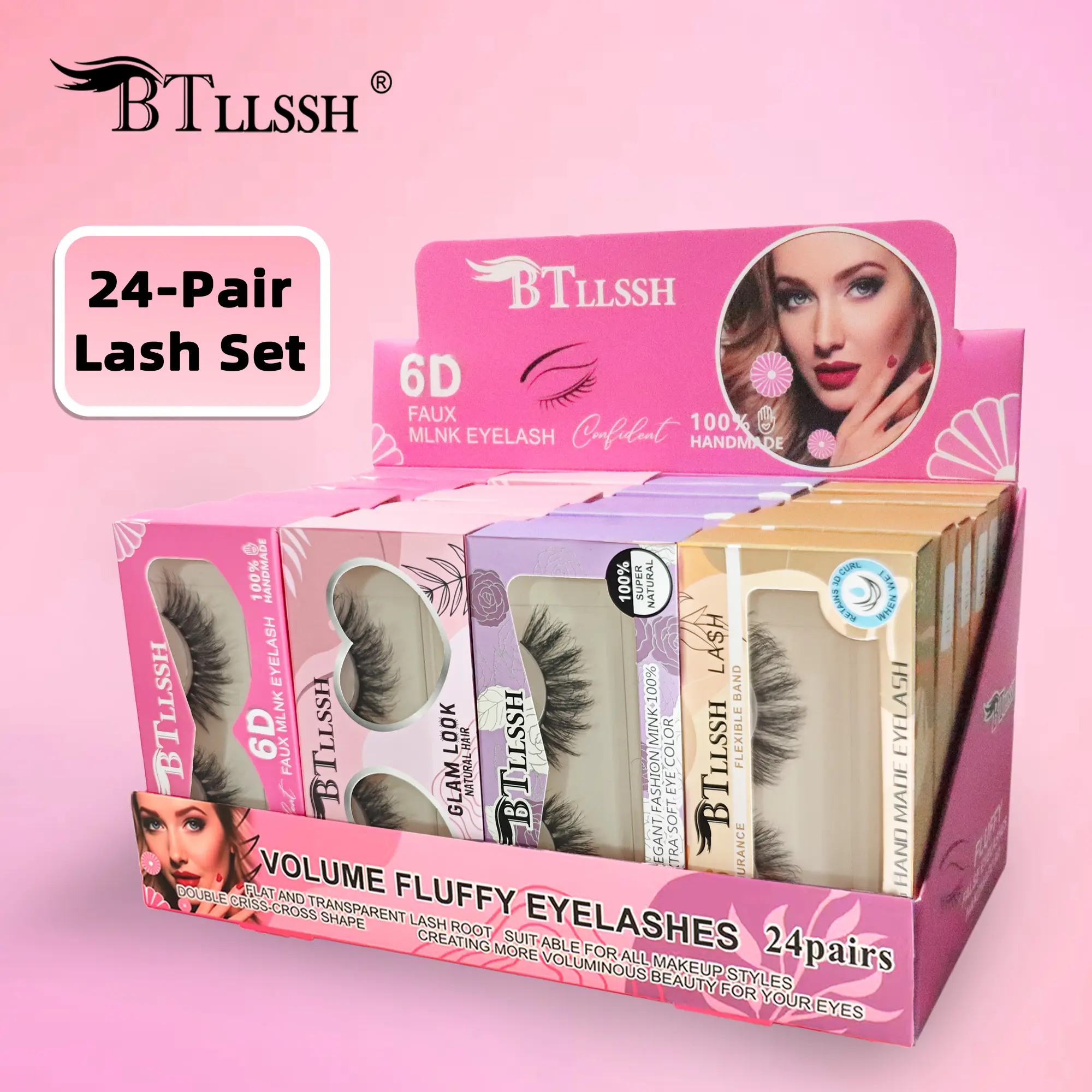 HZ24B BTLLSSH 24 Pairs 18mm 6D Faux Mink False Eyelashes Display Box Set Volume Fluffy Strip Lashes Soft Reusable Fake Lashes For Makeup Beginners Daily Party Wedding Cosplay All Eye Shapes