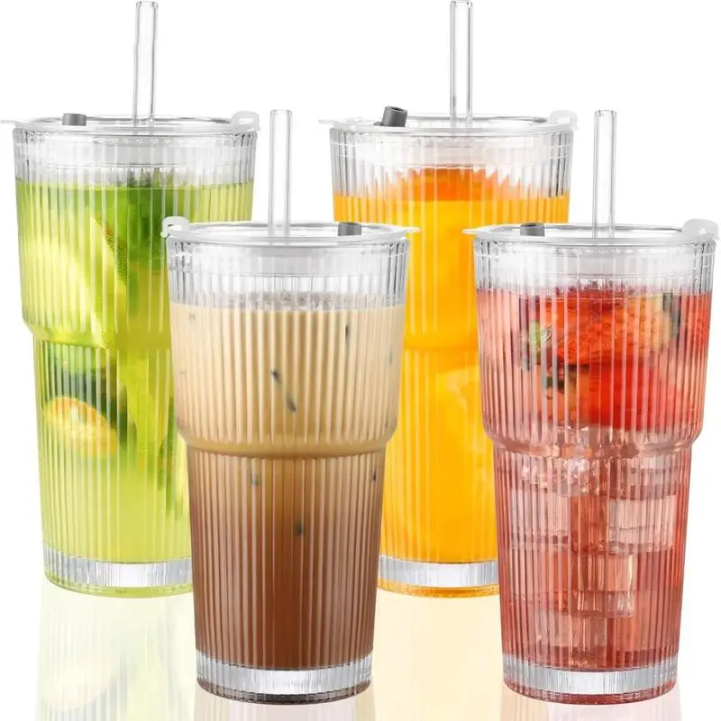 4PCS Ribbed Glass Cups with Lids and Straws, 20oz Vintage Drinking Glasses, Aesthetic Iced Coffee Cups, Glass Tumbler for Boba, Beer, Tea, Cocktails, Ribbed Glassware Set,Clear