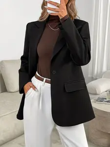 Women's Pure Color Business Formal Long Sleeve Suit Jacket, Minimalist Solid Button Blazer, Single Button Flap Pocket Design, Modern Minimalist Loose-Fitting Workwear for All Seasons