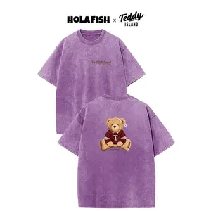 HOLAFISH Oversized Men's Teddy Bear Print T-Shirts Acid Washed Basic Graphic Casual Crew Neck Short Sleeve Summer Loose Fit Tee All Over Print Design Classic Fabric