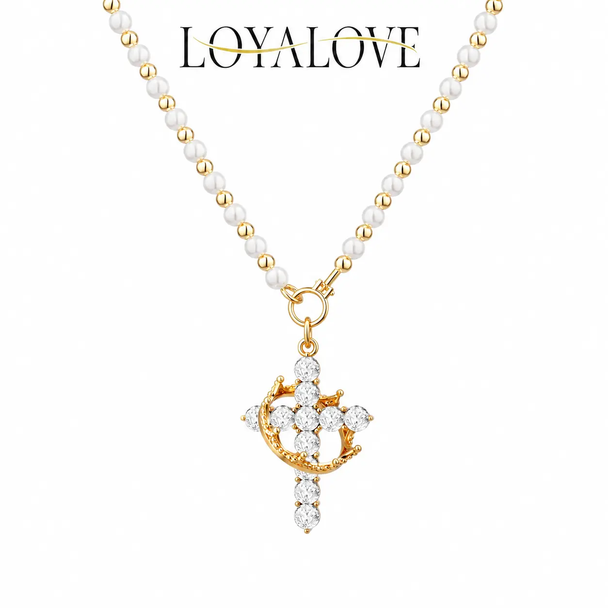 Loyalove Pearl Cross Necklace for Women, Gold Beaded Necklace with Sparkling Crown Cross Pendant, 17 Inch Dainty Jewelry Gift for Her