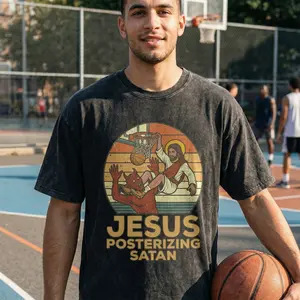 Vintage Acid Wash "Jesus Posterizing Satan" Graphic Tee | Oversized Christian Streetwear T-Shirt for Men Women
