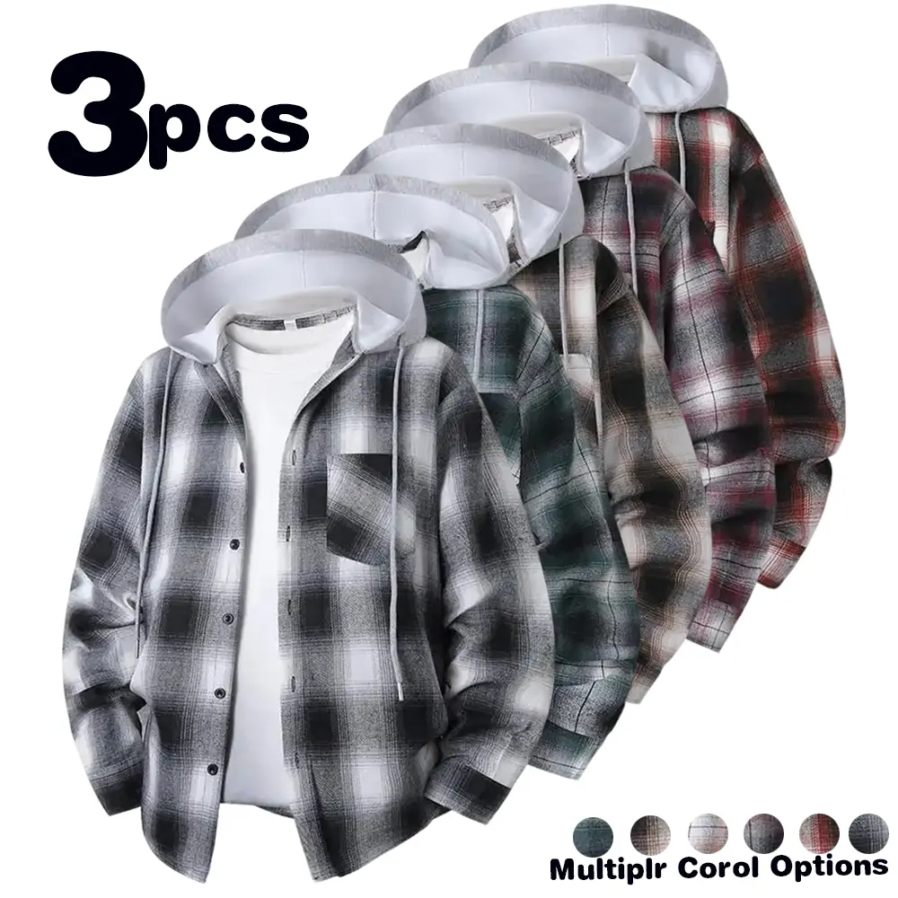 2026 Spring Plaid Hooded Shirt, Unisex, Casual, Loose-fitting, Fashion Brand, Versatile Shirt Top and Outerwear Long Sleeve Button-Up Retro