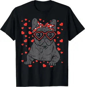 French Bulldog Heart Glasses Valentine Day Frenchie Dog Gift T-Shirt Pure Cotton Graphic Tees Menswear Top: Gifts for Men & Women