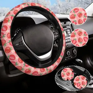 Cute Pink Strawberry Steering Wheel Cover Anti-Slip and Practical 14.5-15 Inch Universal Steering Wheel Cover with 2 Pieces Car Coasters Suitable for Men Women