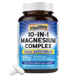 Vitalibre Magnesium Complex Supplement, 10 in 1 - Glycinate, Malate, Taurate and More, 420mg, 100% DV, Extra Strength, Nerve, Bone, Muscle, Digestive & Heart, 120 Caps