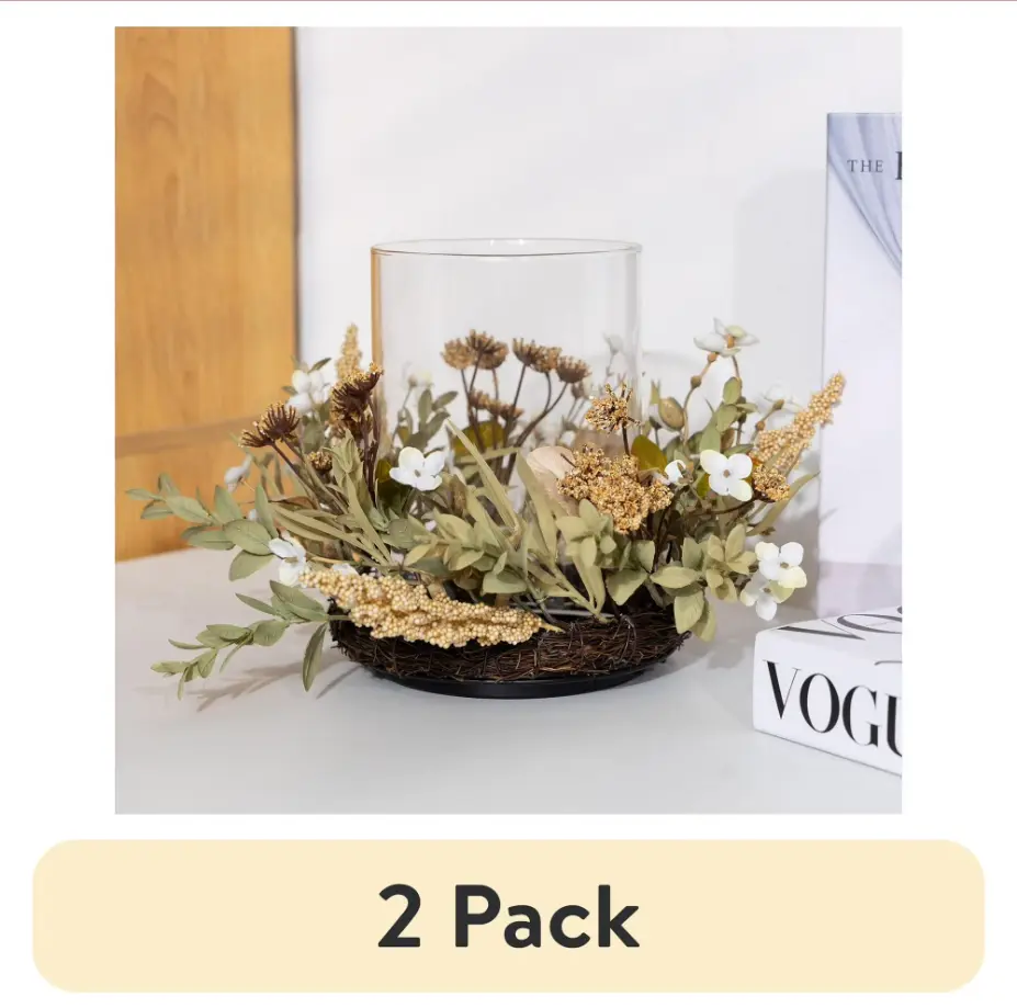 (2 pack) Indoor Decorative Hurricane Pillar Candle Holder with Faux Florals, 8 Inch