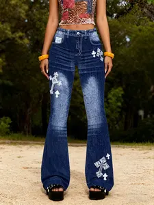 American High Street Cropped Cross Patched Denim Jeans, Women Vintage Washed Look, Slim Fit Wide Leg Jeans, Retro Style Streetwear