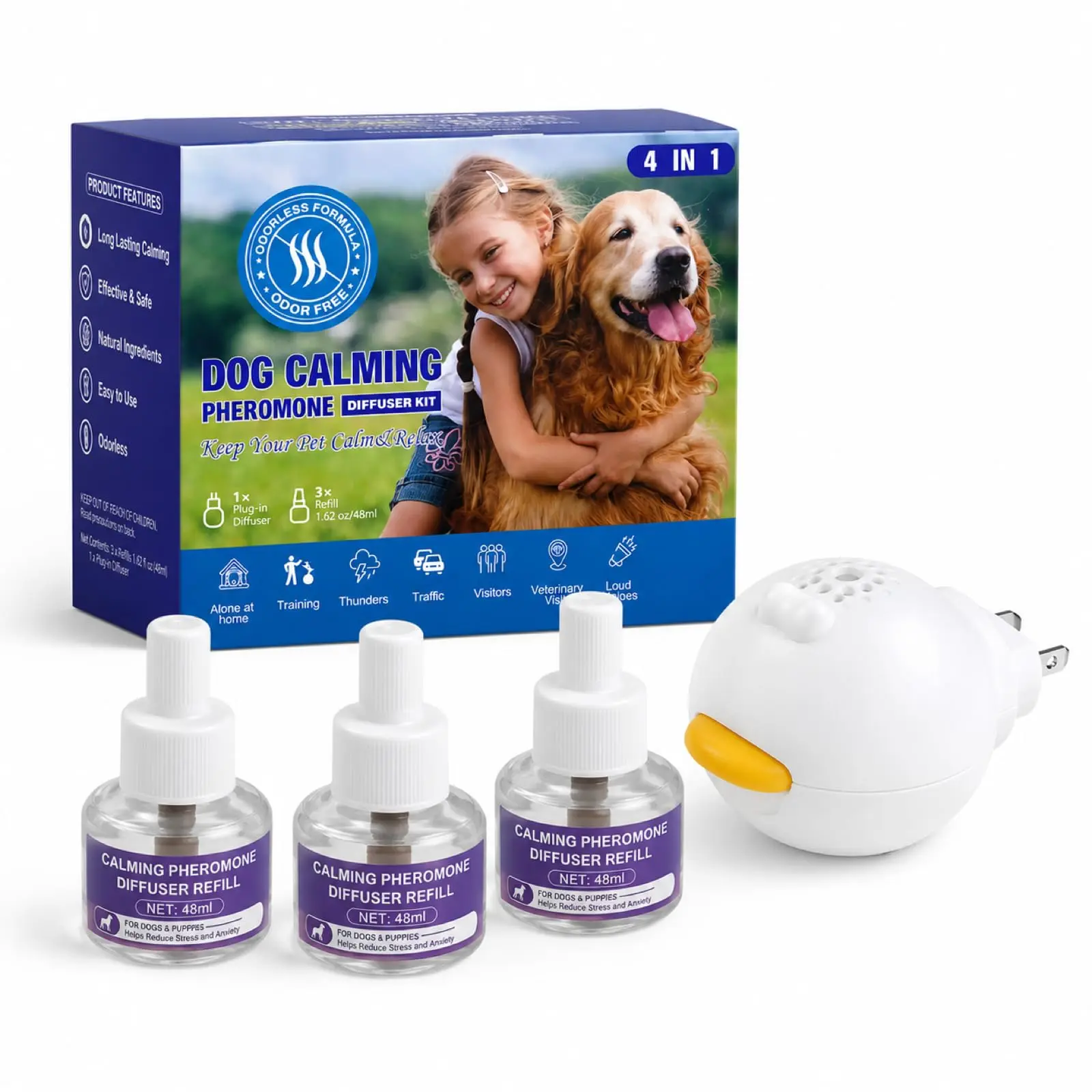 Dog Pheromone Calming Diffuser 4 in 1 Appeasing Pet Pheromones Diffuser to Calm Kit for Anxiety Relief Reduce Barking Aggression Fighting Stress 90 Day Supply (Plug in+ 3 Pack 48ml Refill)