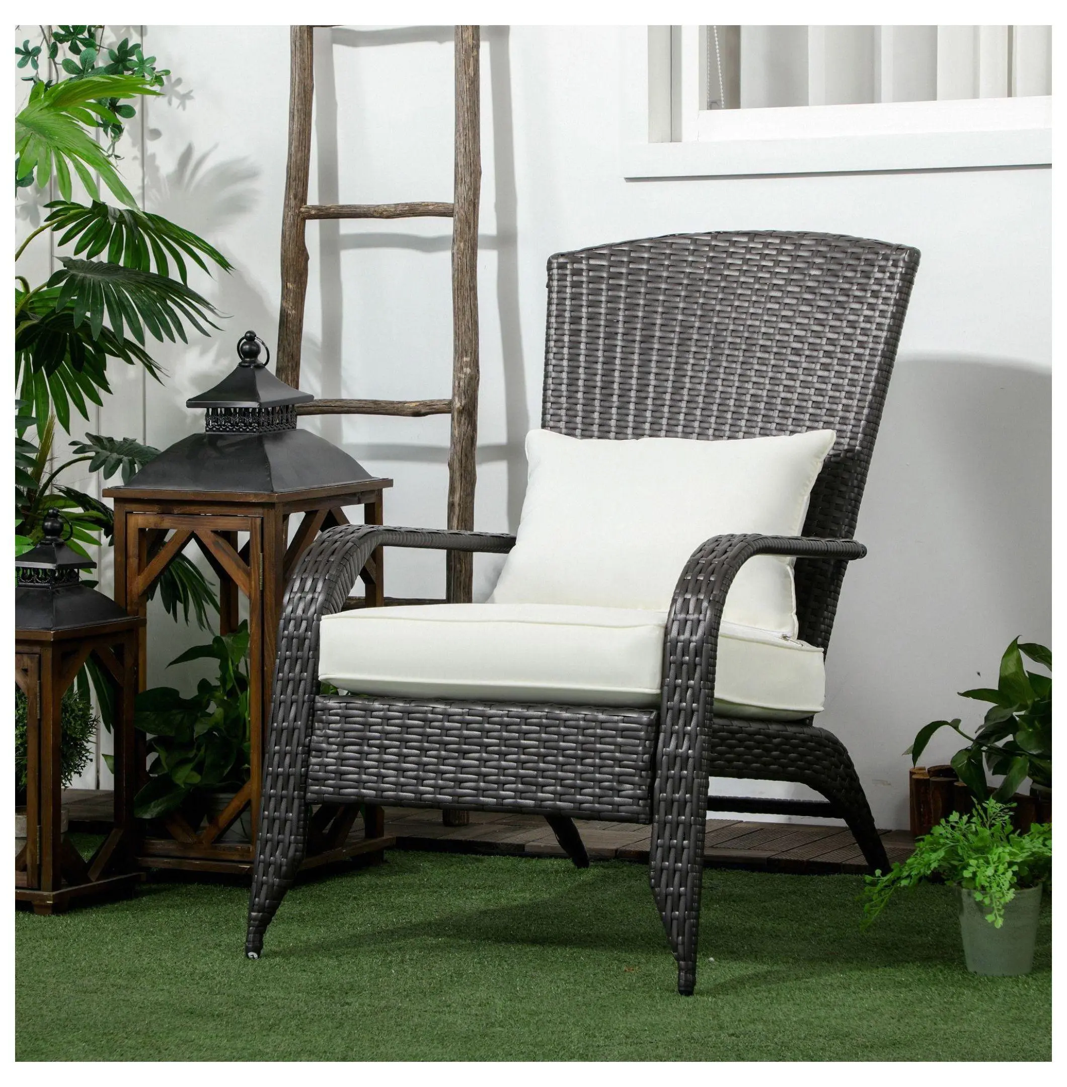 Wicker Adirondack Chair, Outdoor Rattan Patio Chair with Cushions, Cream White, All-Weather, Tall Backrest, Garden Furniture