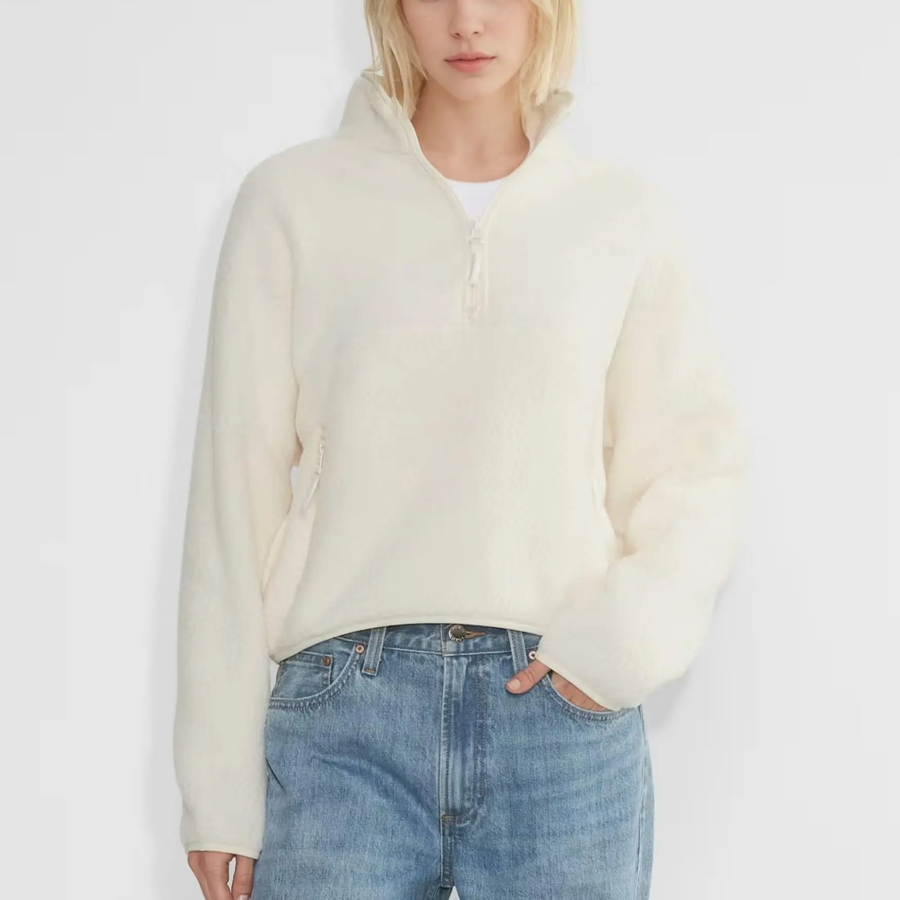 Songling Womens Half Zip Up Cropped Fleece Jacket Lightweight Warm Long Sleeve Pullover Top Outdoor Sports Casual Outerwear Coat