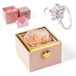 【With Ring】Mountova Valentine's Day Romantic Pink Rose Pop-Up Automatic Flip-Top Jewelry Box, Surprise Gift, Anniversary Gift for Girlfriend or Mother, Daily Use
