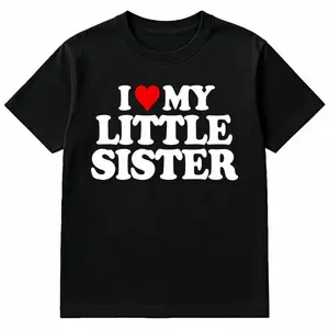 Women's Black Cotton Short-Sleeve Graphic T-Shirt, Made in USA, I Love My Little Sister Heart Funny Gift, Round Neck, Unisex Fit, S-5XL Festive Christmas Tee Summervibes
