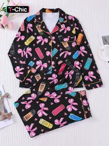 2-piece women's set, Pajama featuring full pink bows and hearts, colorful beverage bottle prints, long sleeves, long pants, soft and comfortable skin-friendly Fitted top with small pockets, button closure, elastic waistband, suitable for home wear
