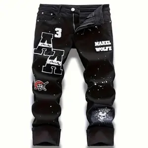 Men’s European & American fashion straight-leg black jeans with 3D “Zhangzai” print