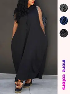 Women’s Sleeveless Hooded Maxi Dress, Drawstring Detail, Pocket Design, Solid Color, Loose Fitting, Casual Streetwear, Womenswear Dresses