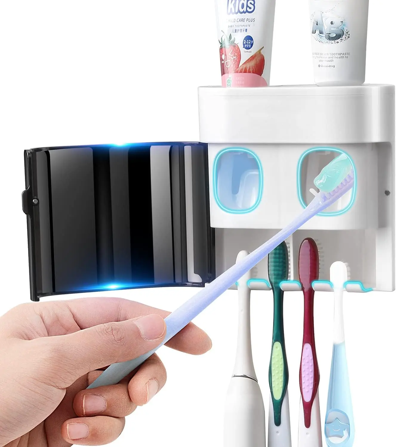 Black Modern Wall-Mounted Toothbrush Holder with Cover - 4-Slot Multi-Slot Organizer, Automatic Kids Toothpaste Dispenser with Auto-Squeeze for Bathroom Home Supplies Gadget