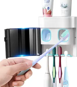 Toothbrush Holder Toothpaste Dispenser Wall Mounted with Cover, 4 Slots Tooth Brush Storage Organizer with Automatic Kids Toothpaste Squeezers for Shower Bathroom Black