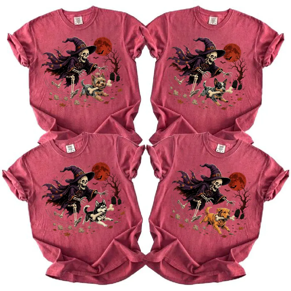 Custom Dog Breed Comfort Colors Halloween Shirt | 50+ Dog Breeds Funny Skeleton Witch Dog Graphic Tee | Spooky Dog Lover Gift