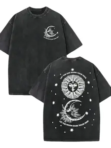 230G washed T-shirt, vintage moon and sun, high-quality batik cotton, vintage, printed T-shirt with patterns, machine washable, suitable for summer T-shirts, outdoor activities, holiday gifts, men's Casual Loose graphic tee